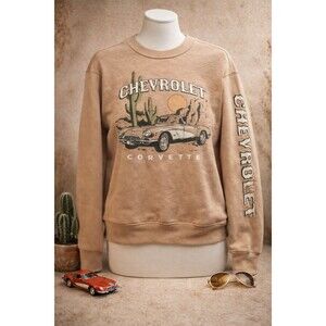 Vintage Style GM Corvette Crewneck Sweatshirt Women M Fleece Tan Graphic